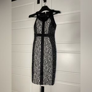Cache Black and white floral lace midi cocktail dress